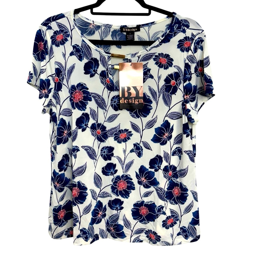 BY Design Women's Floral‎ Blouse - White and Blue Size L *2172